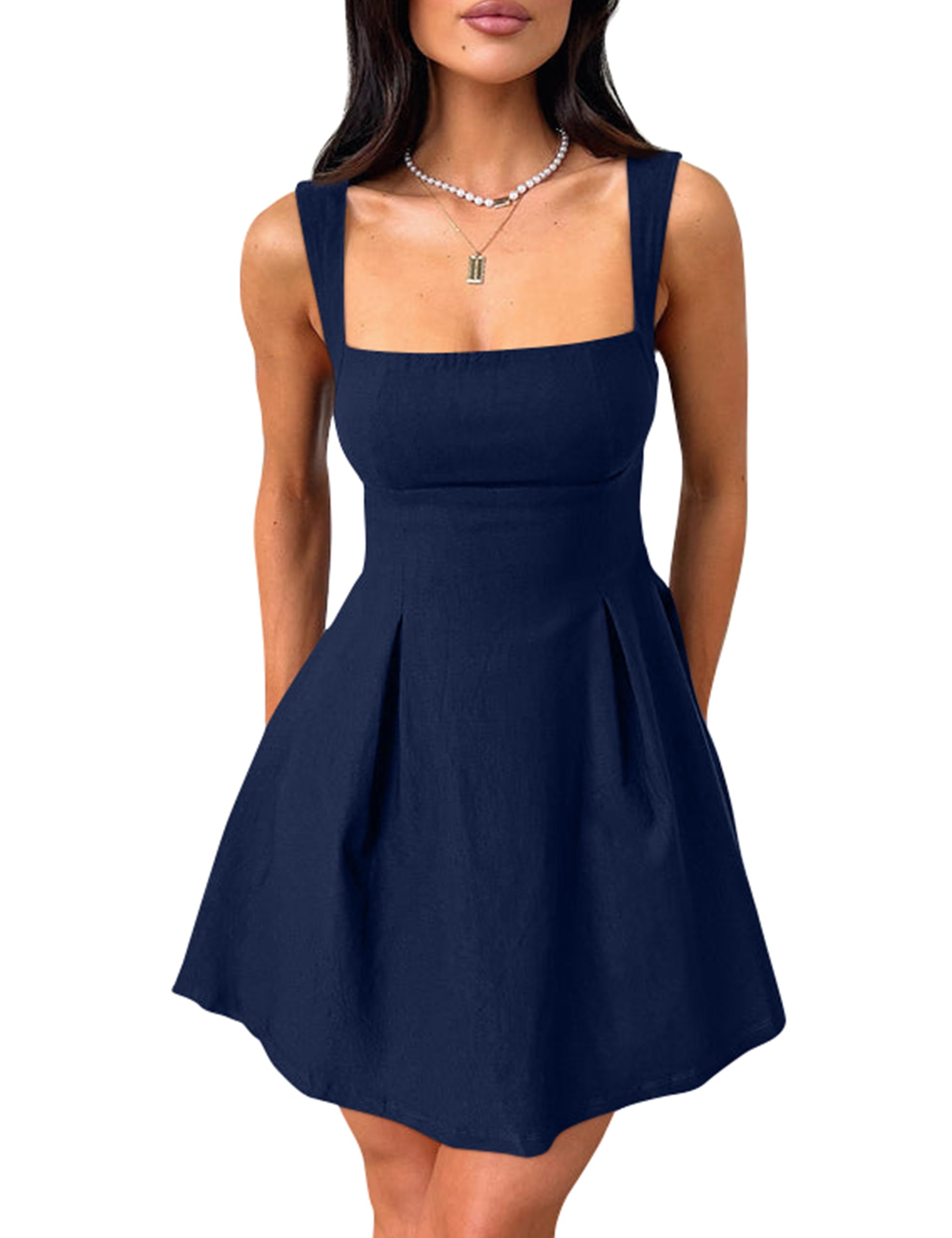 YMDUCH Women's Sexy Sleeveless Square Neck Adjustable Straps Bow Tie A-line Mini Party Club Dress Small Navy