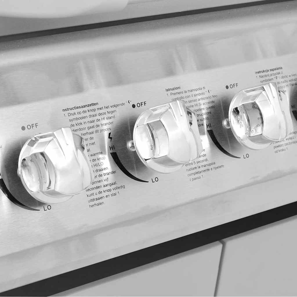 Barbecue a gas 4+1 con fornello laterale, carrello in acciaio inox e SPCC con termometro, cappa per barbecue inclusa, nero e argento