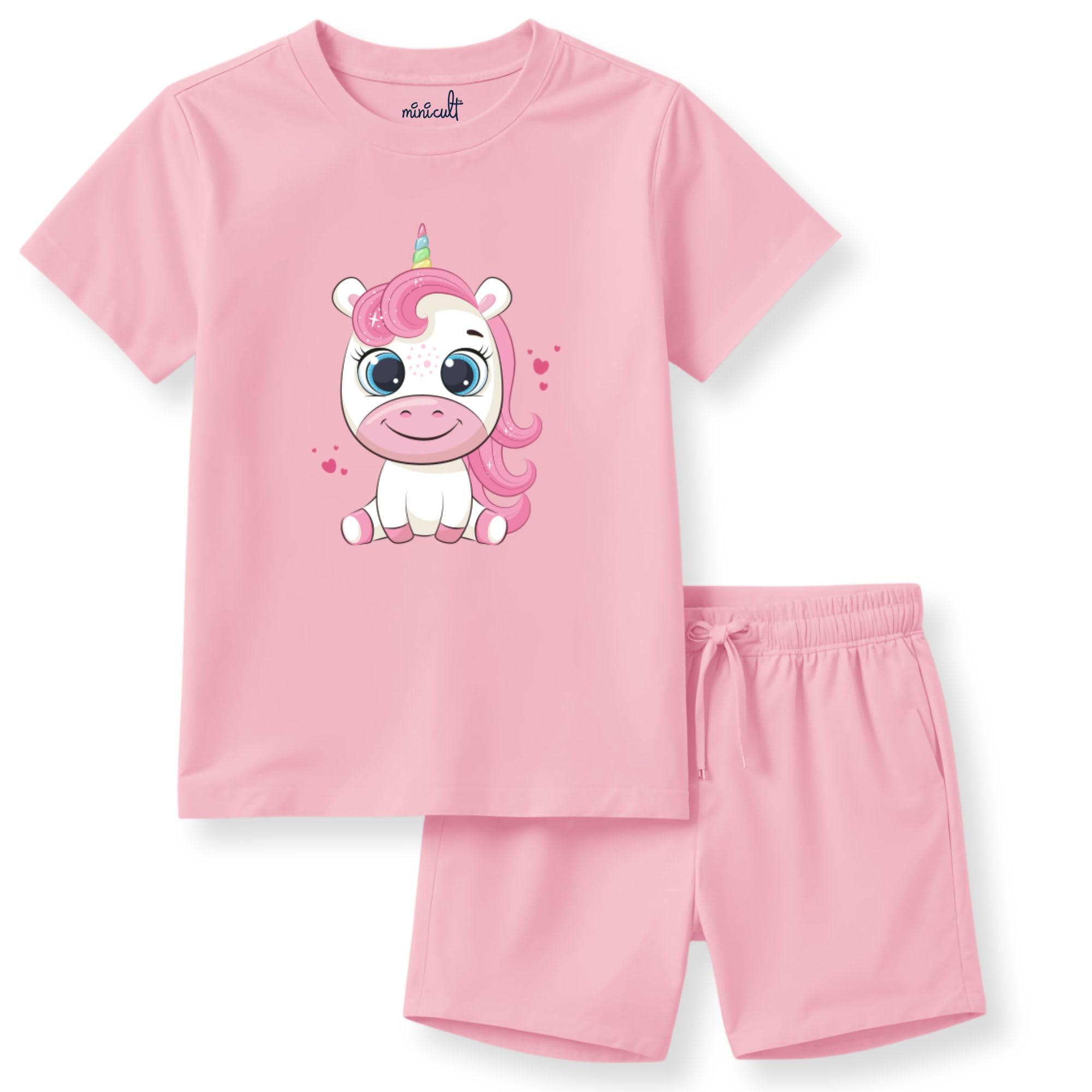 minicult kids Cotton Shorts with matching Tshirt Coord clothing set with cute Prints (Unicorn PB)(Pack of 2)(18-24 MTS) - Image 2 thumbnail