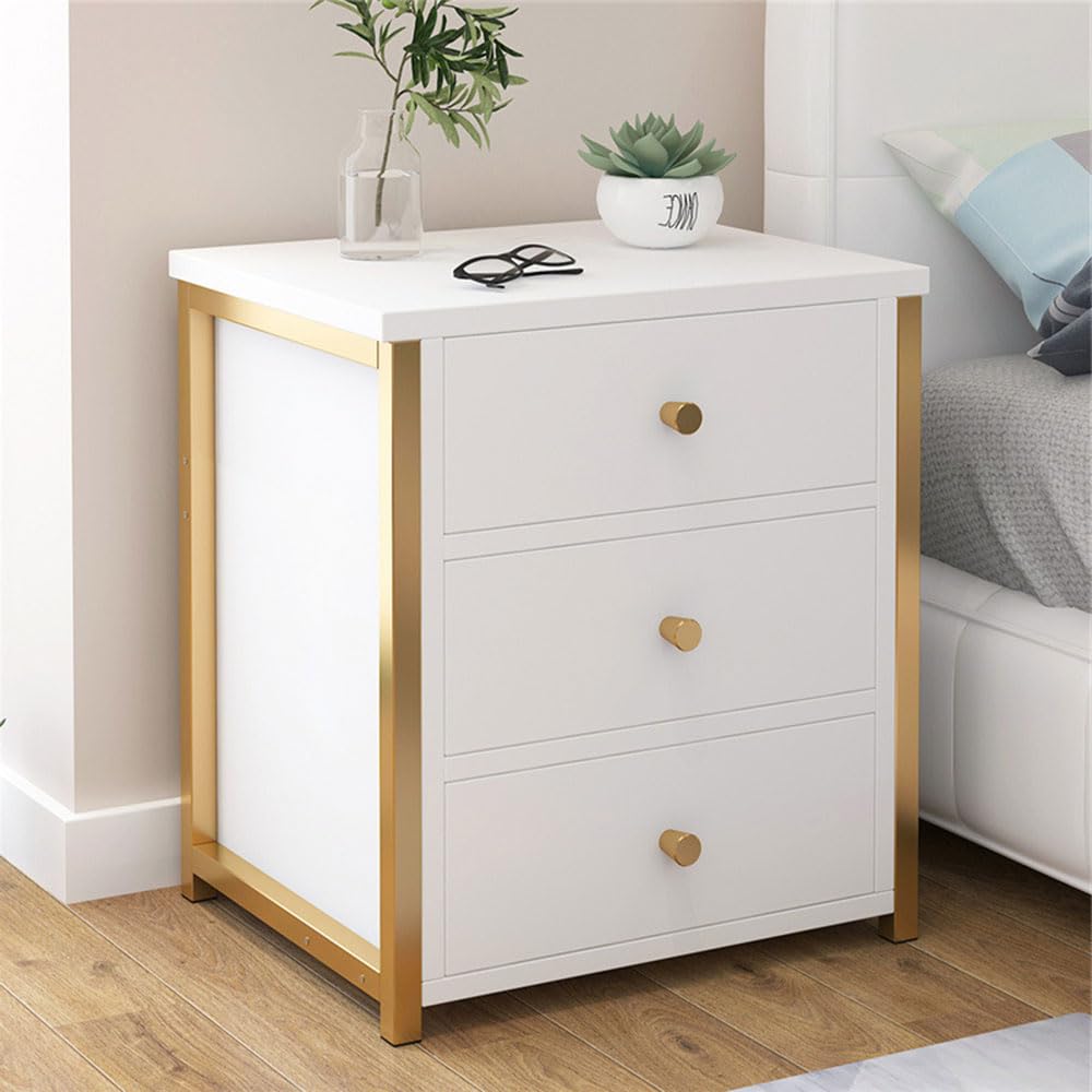 IEW 3-Drawer Nightstand with Metal Frame - Bedside Table with Storage for Bedroom & Living Room (White)