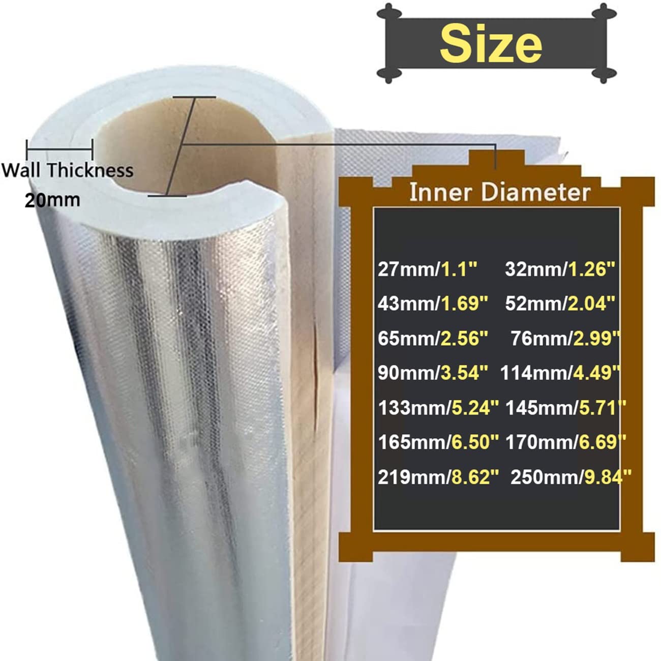 Aislamiento De Tuberías Antifreezo/ Retardante De La Llama, Coquilla Aislante De Papel De Aluminio Autoadhesivo Para Tubos Fríos O Calientes, ID 27 ~ 250mm, Fácil De Instalar ( Size : 250mmx20mmx95cm