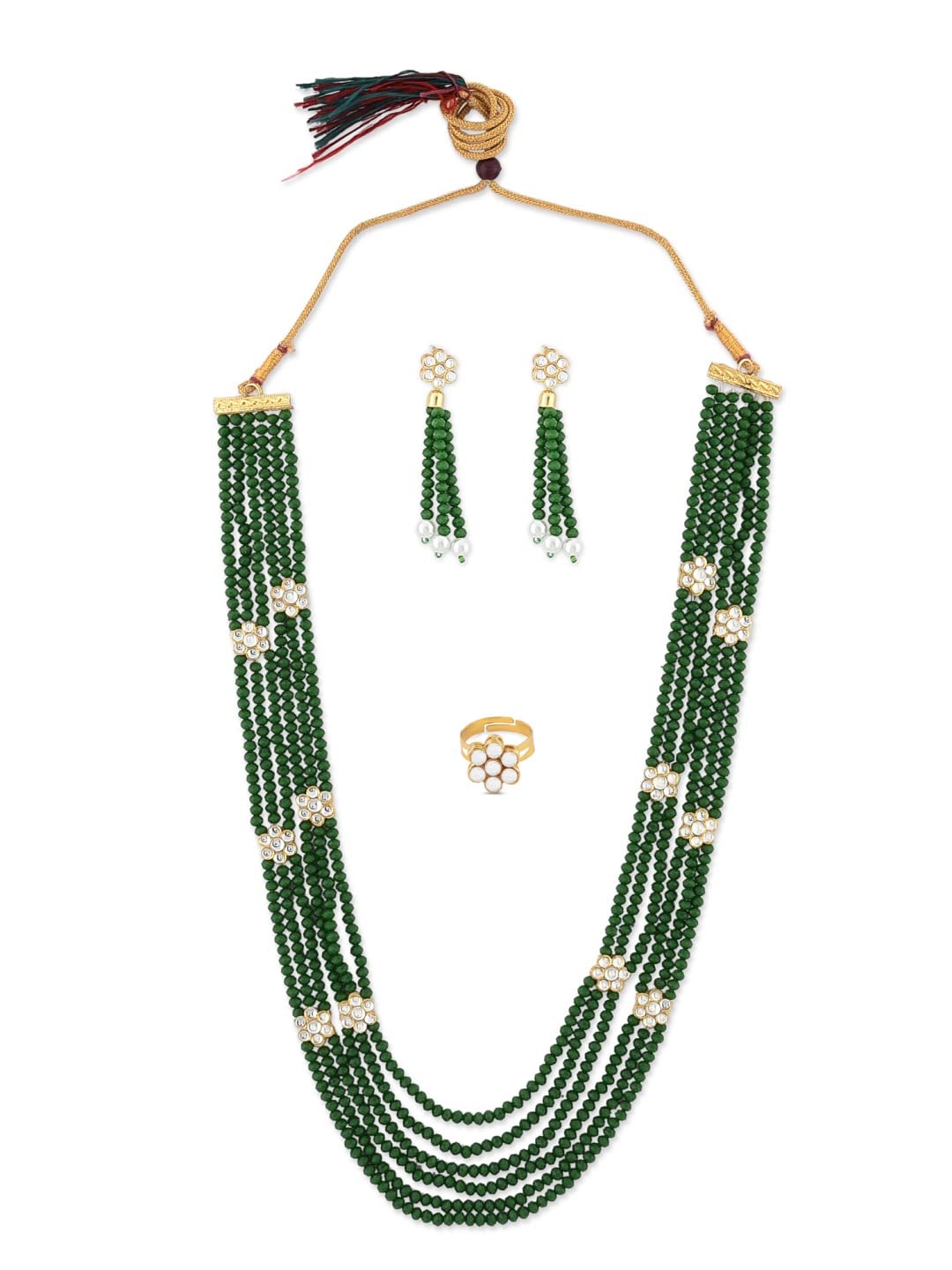ZAVERI PEARLS Green Crystal Beaded MultiStrand Kundan Flowers NeckLace Earring & Ring Set For Women-ZPFK11916 (B09Q17FML8) Amazon Price History, Amazon Price Tracker