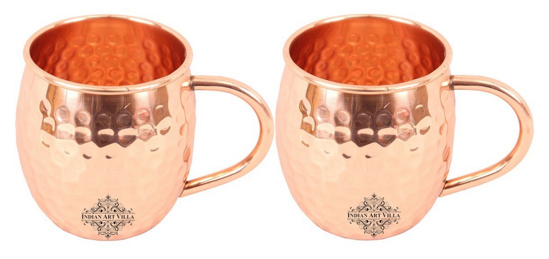 Indian Art Villa Set of 2 Hammered Pure Copper Moscow Mule Beer Mug Cup with Copper Handle 18 Oz each - Bar Hotel Restaurant Tableware