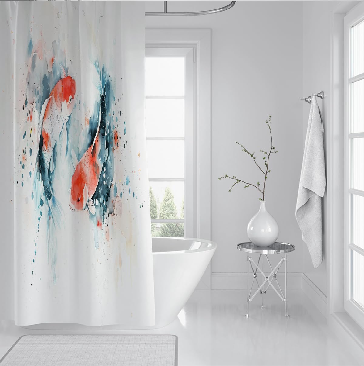 Japanischer Koi-Fisch-Duschvorhang Orientalische Ästhetik Duschvorhang Aquarell Tier-Badezimmerdekoration Wasserdichter Polyesterstoff mit Haken W220xL180 cm