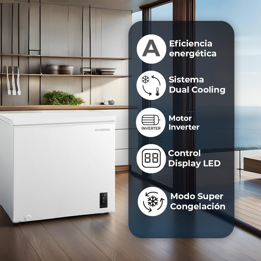 Hyundai Congelador Horizontal Blanco HCH200EDW00. Capacidad 198 Litros, Dual Cooling, 4 Star, Puerta Única Dirección, Modo Super Congelación, Tecnología Inverter, Puerta Abatible, 1 Cesta, 37dB, Clase