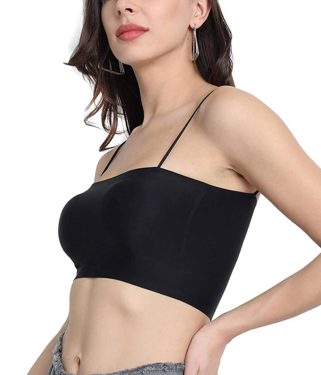 Women's Girls Thin Strap Sling Spaghetti Tank Top Comfortable Camisole Crop Top Free Size |Stylish Seamless Padded Tube Bralette Bra-image-45