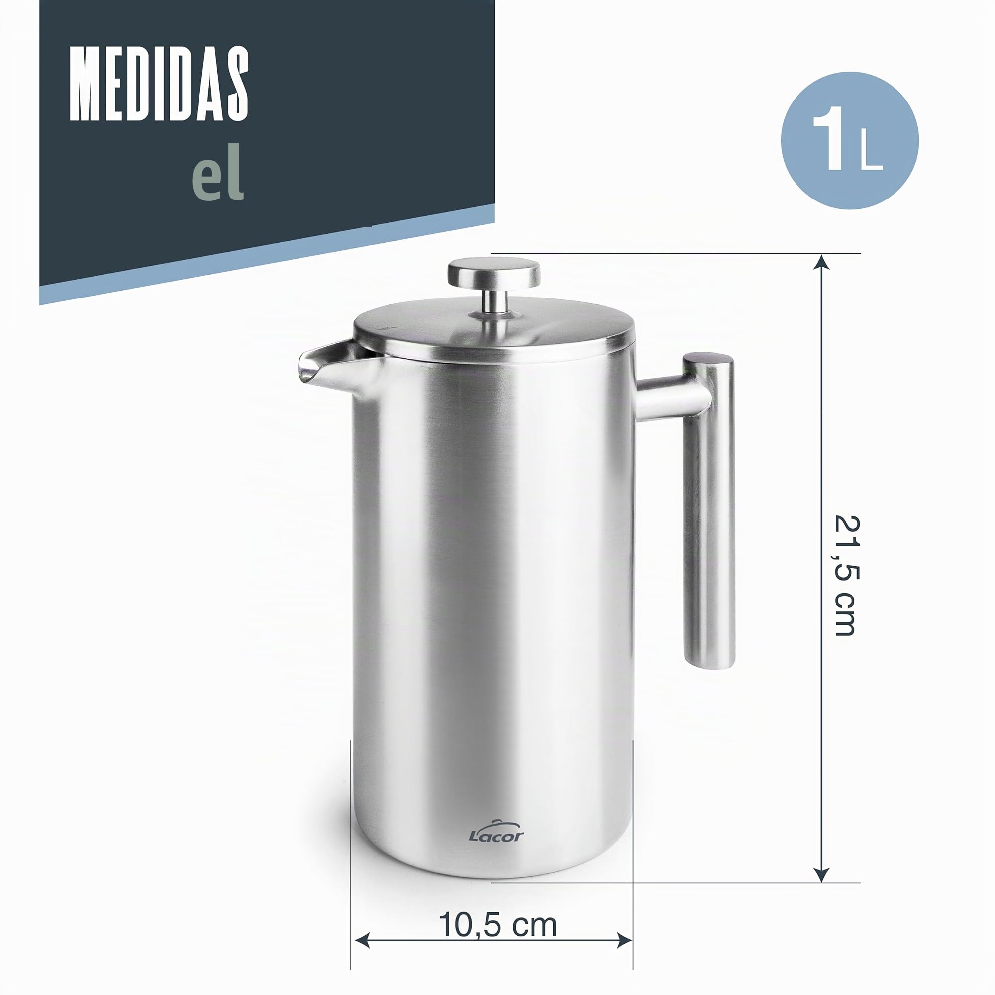 LACOR 62141 - Cafetera Francesa Manual, Doble Pared Acero Inoxidable | En acero inoxidable, para un café intenso en casa; doble pared aislante, agarre ergonómico, práctico y fácil de guardar