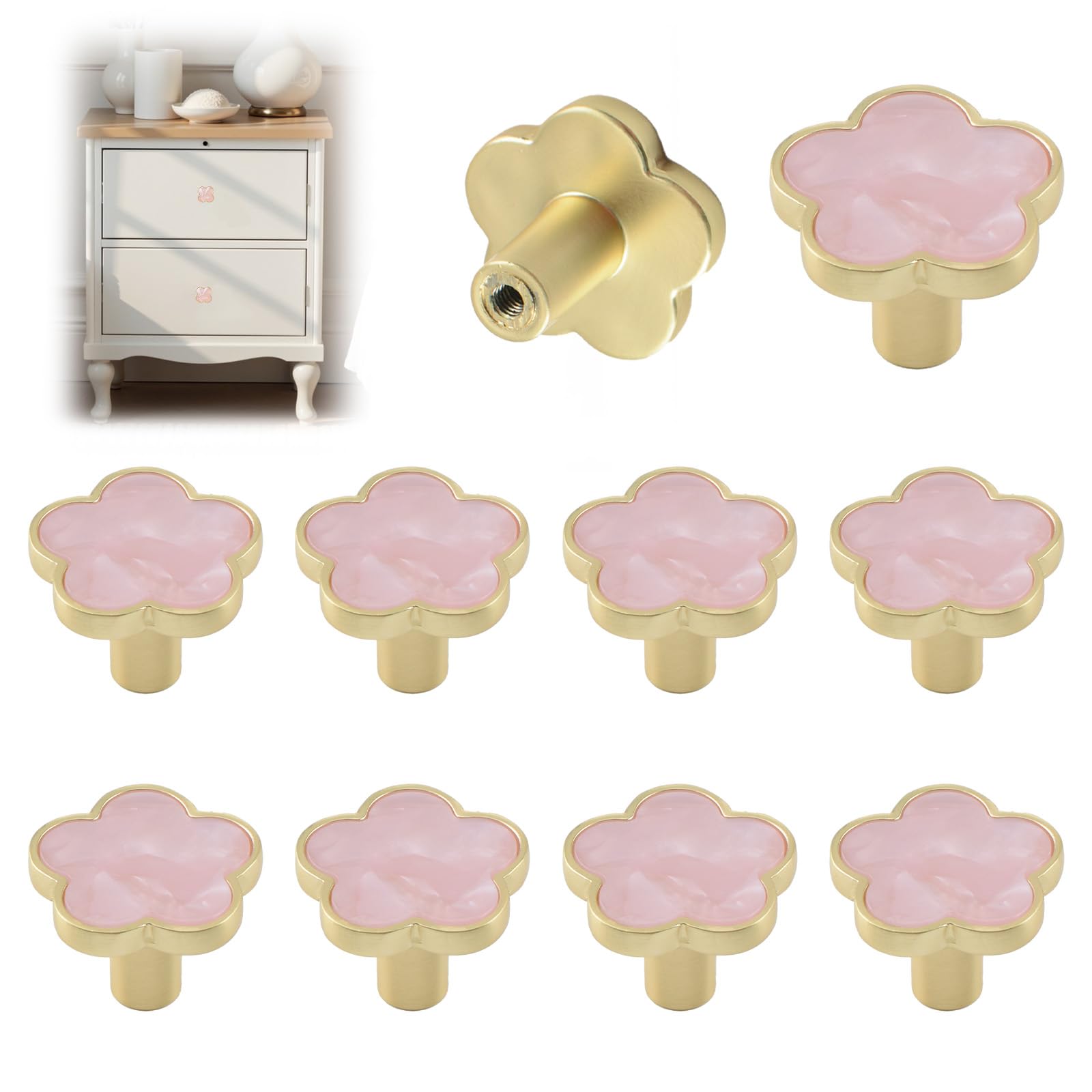MOROBOR Decorative Pink Flower Kitchen Cabinet Knobs, 10 Pcs Creative Dresser Drawer Pulls Furniture Cupboard Door Pull Handles Single Hole Zinc Alloy Knobs Furniture Accessories — image 1