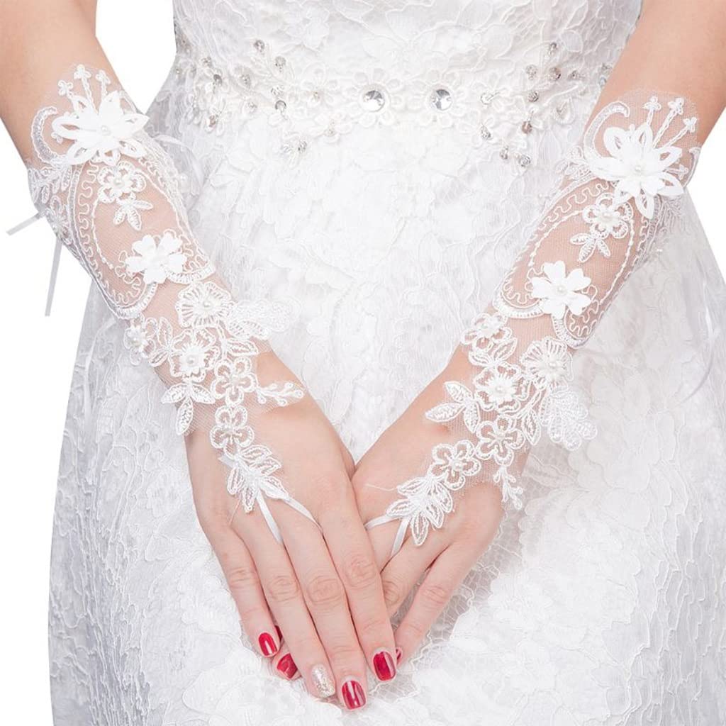BATLAM Guanti Senza Dita da Sposa da Donna Guanti con Fiocco in Pizzo con Applicazioni Floreali in Perle Sintetiche (Color : White, Size : 28cm) (White 28cm)