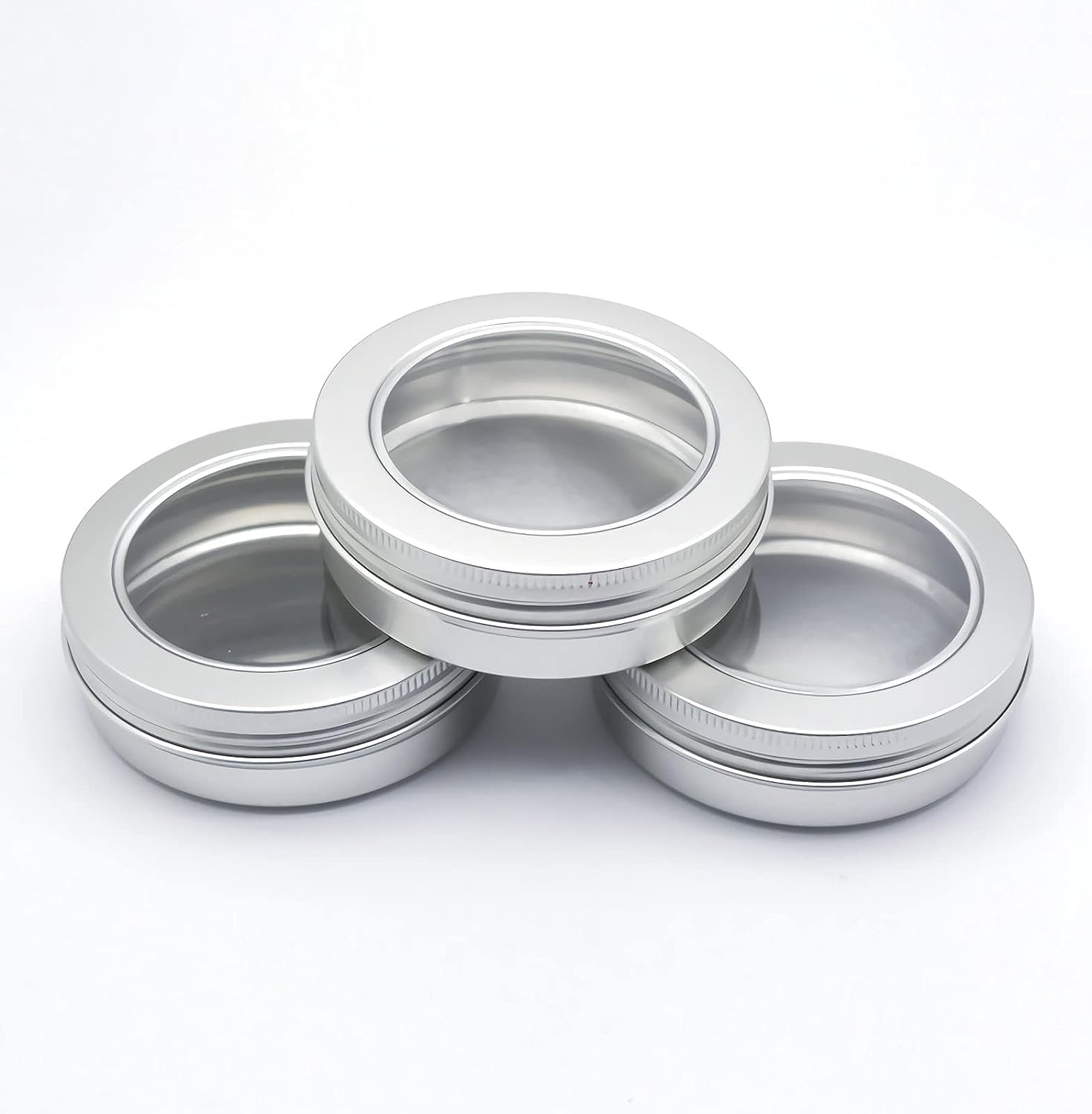Konserwy kosmetyczne. 24 szt. 150 ml puste okrągłe srebrne puszki aluminiowe puszki słoiki z zakrętkami przezroczyste okienko(5.1 Ounces)