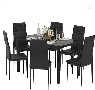 Dining Table and Chairs Set 6, Modern Glass Table with 6 High Back Faux Leather Chairs for Home Office Use (Black)