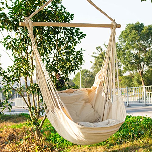 EverKing Hanging Rope Hammock Chair Porch Swing Seat, Large Hammock Net Chair Swing, Cotton Rope Porch Chair for Indoor, Outdoor, Garden, Patio, Porch, Yard - 2 Seat Cushions Included (White) - Thumbnail 4