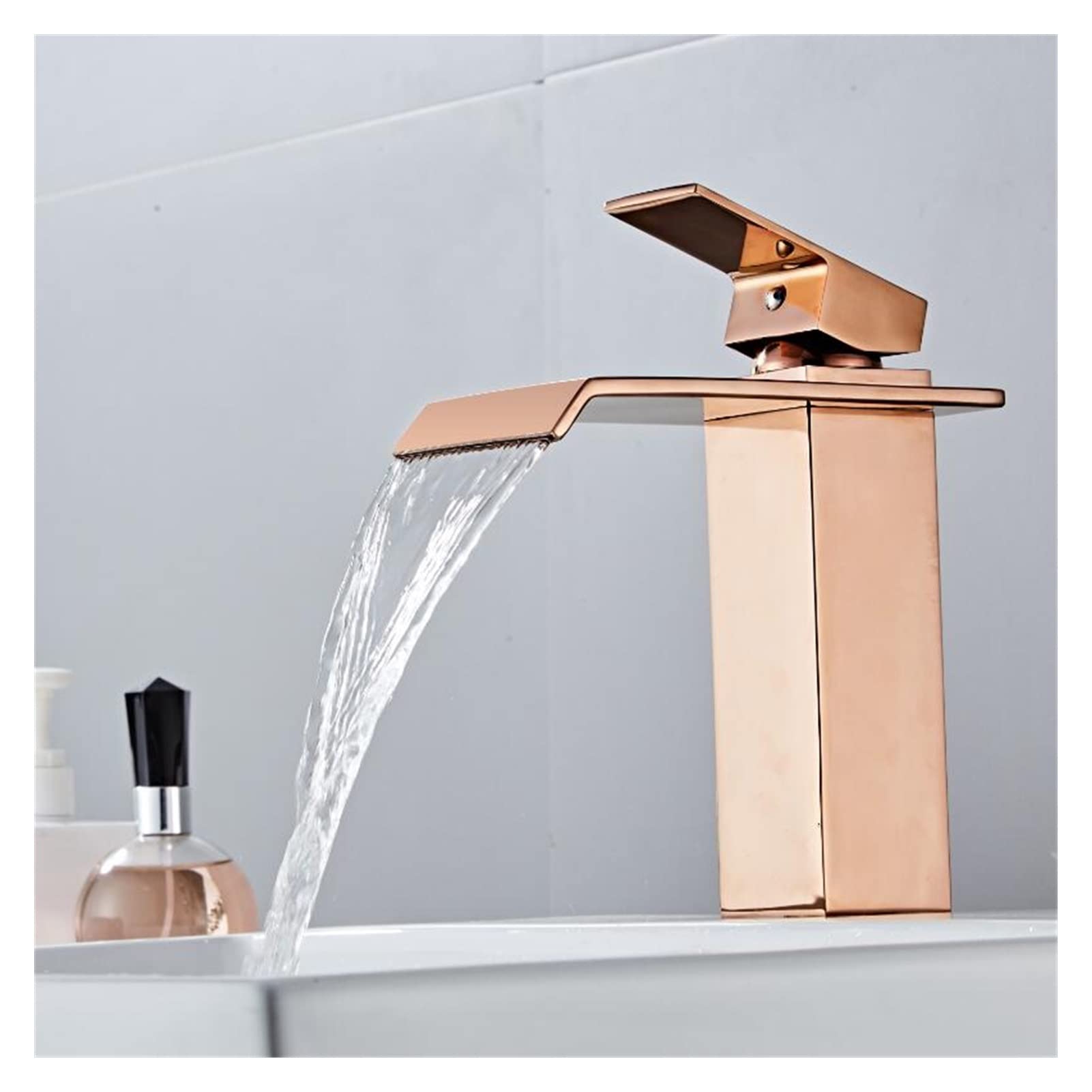 Grifo de baño de latón Dorado Rosa, Grifo Monomando para Fregadero montado en Cubierta, Mezclador de Cascada Caliente y fría, Elegante Negro Corto para Cocina y baño
