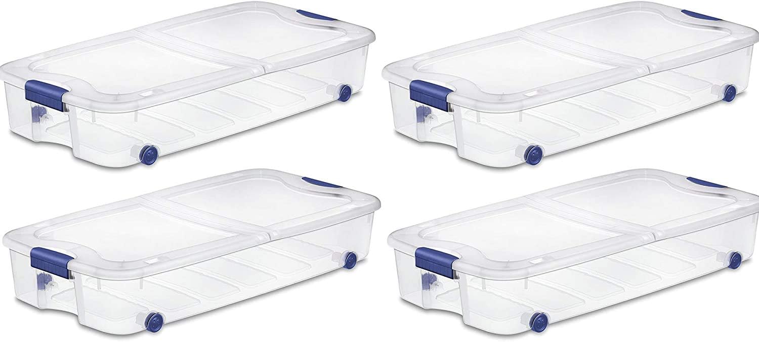 4-Pack Under Bed Plastic Storage Bin Unit Boxes Are Containers For Clothes, Books, Diapers, Shoes, Linen. Office Supplies, Camping, RV, Pantry Foods 66 Quart Capacity