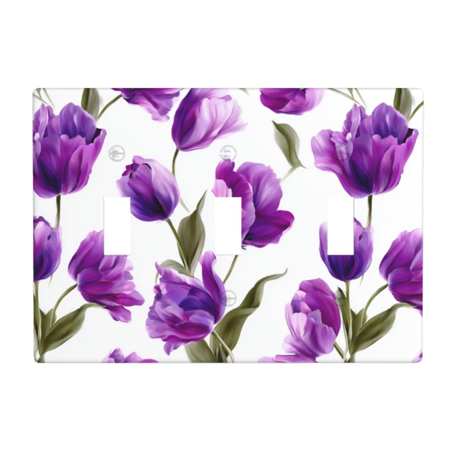 Woshuwo White Purple Tulip Spring Flowers Light Switch Covers 3 Gang Triple Toggle Wall Plate Switchplate Electrical Faceplate For Bathroom Kitchen Bedroom Decor