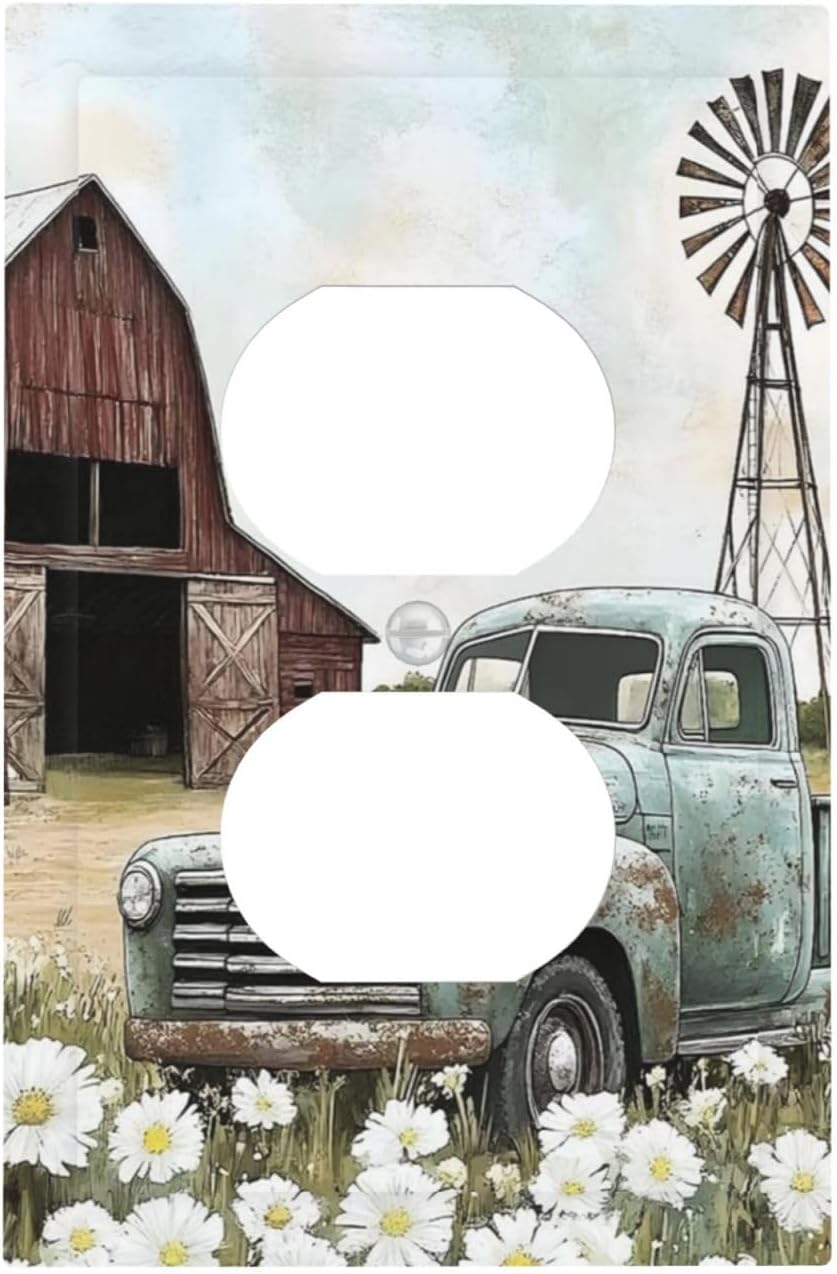 Retro Trucks Old Barn Windmill Teal Car Rustic Outlet Covers 1 Gang Duplex Light Switch Cover Decorative Switch Plates Electrical Receptacle Faceplate Wall Plate for Farmhouse Home Decor
