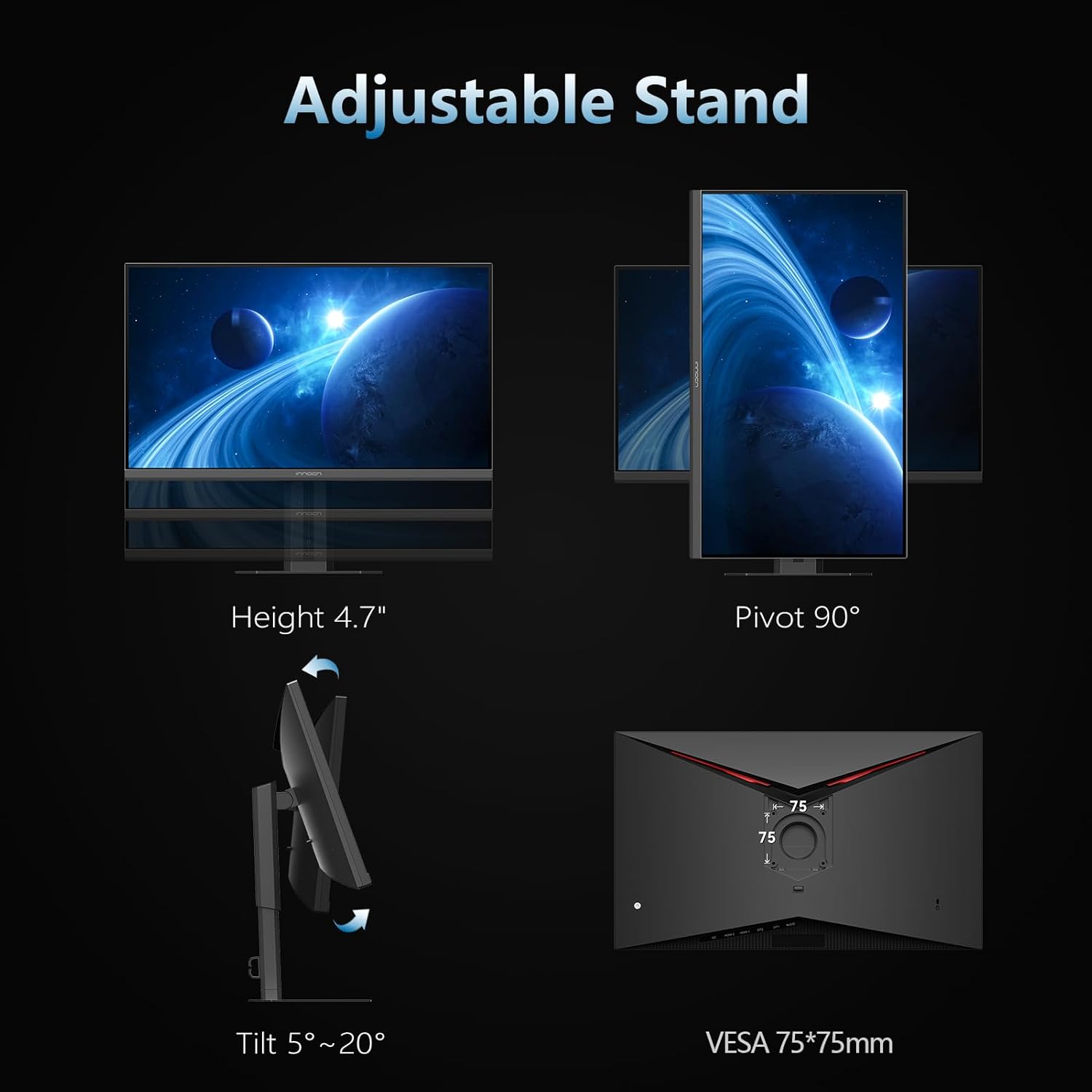 Image showing the adjustable stand features of the INNOCN 27G2T monitor, including height adjustment, tilt, pivot, and VESA mount compatibility.