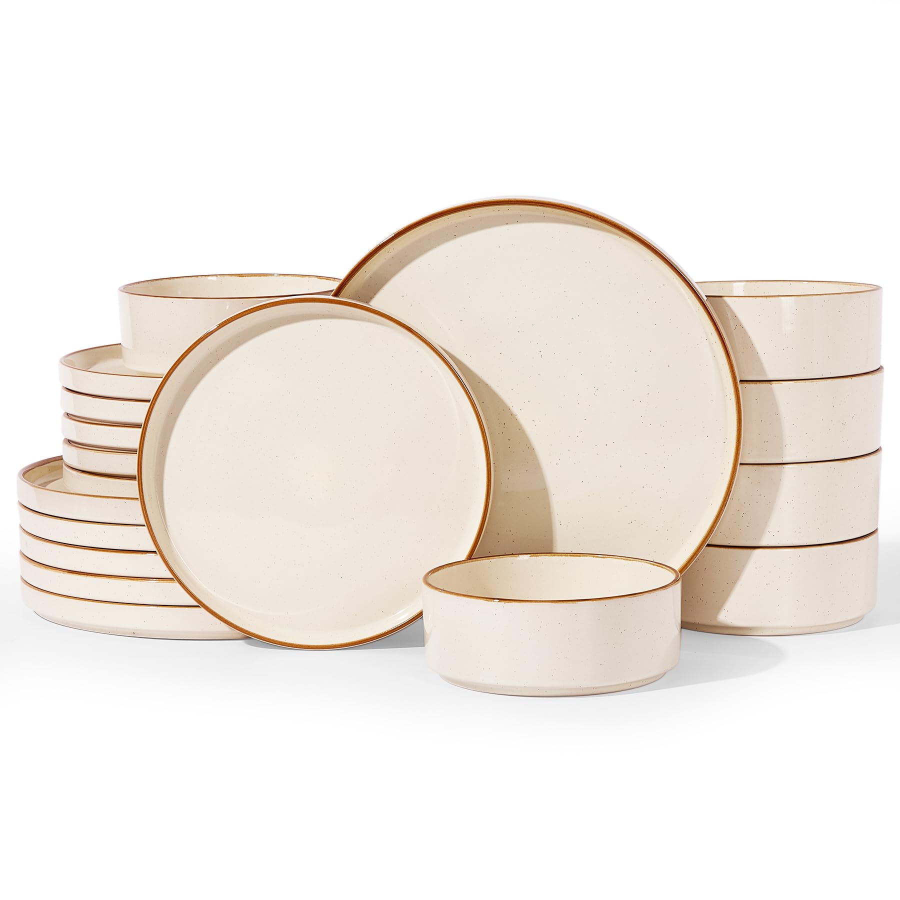 Famiware Nebula 18-Piece Dinnerware Set, Vanilla White with Brown Rim