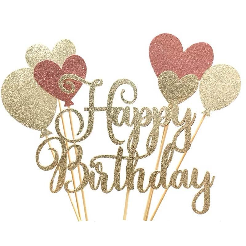 SCHOLMART Happy Birthday Cake Topper Bling, Birthday Cake Topper Pink Heart Golden Bling, Handmade with Wood Pole, Cake Topper DIY