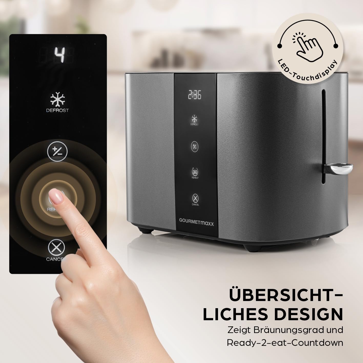 GOURMETmaxx Toaster Kurzschlitz für 2-Scheiben | Toaströster Anthrazit mit 6 Bräunungsgraden und Ready-2-eat-Countdown | Elektrisches Küchengerät mit Touchdisplay, Brötchenaufsatz & Aufwärmfunktion
