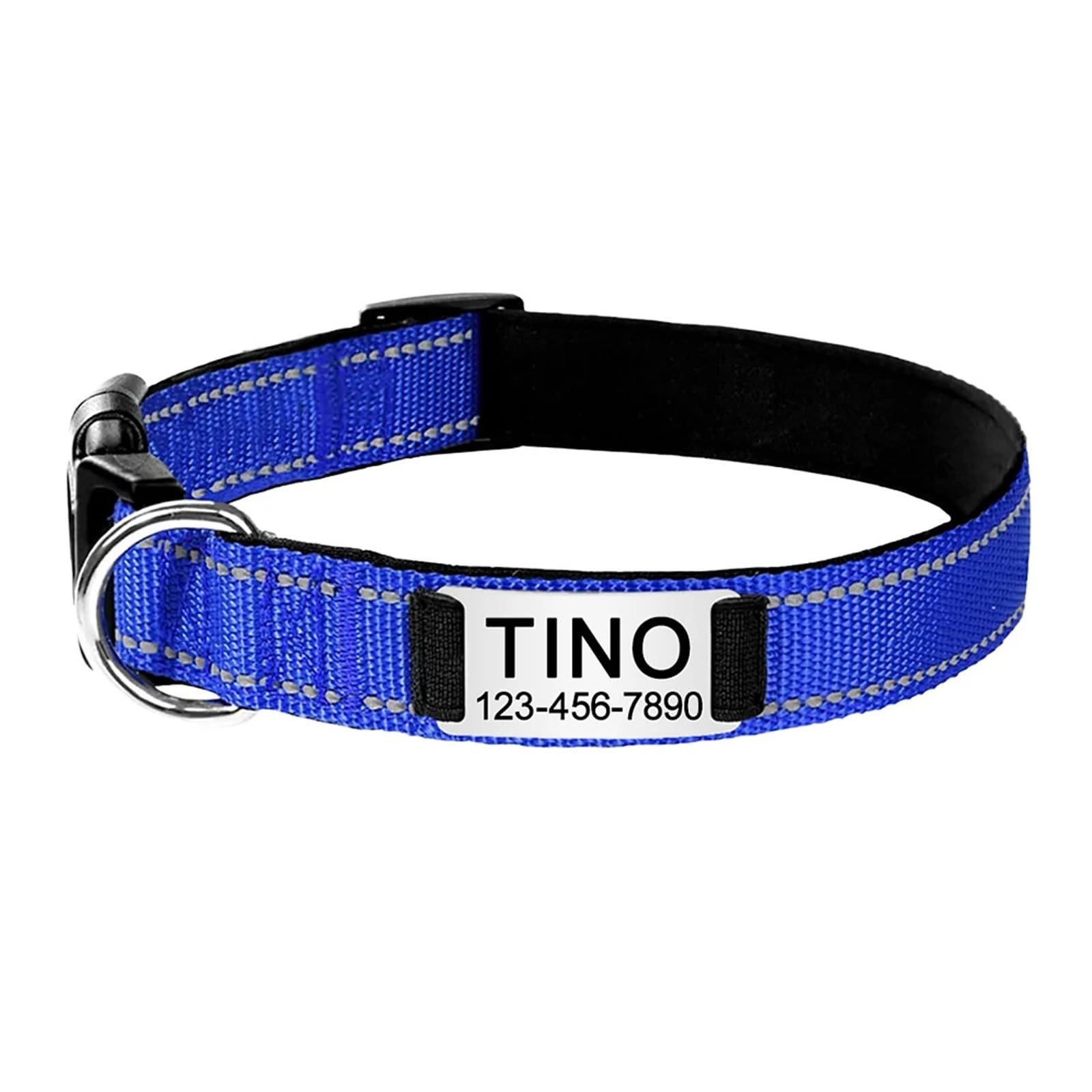 Personalised Dog Collar with Engraved Metal Buckle, Reflective Nylon Collars for Small Medium Large Dogs with Custom Name Plate Phone Number (Blue)