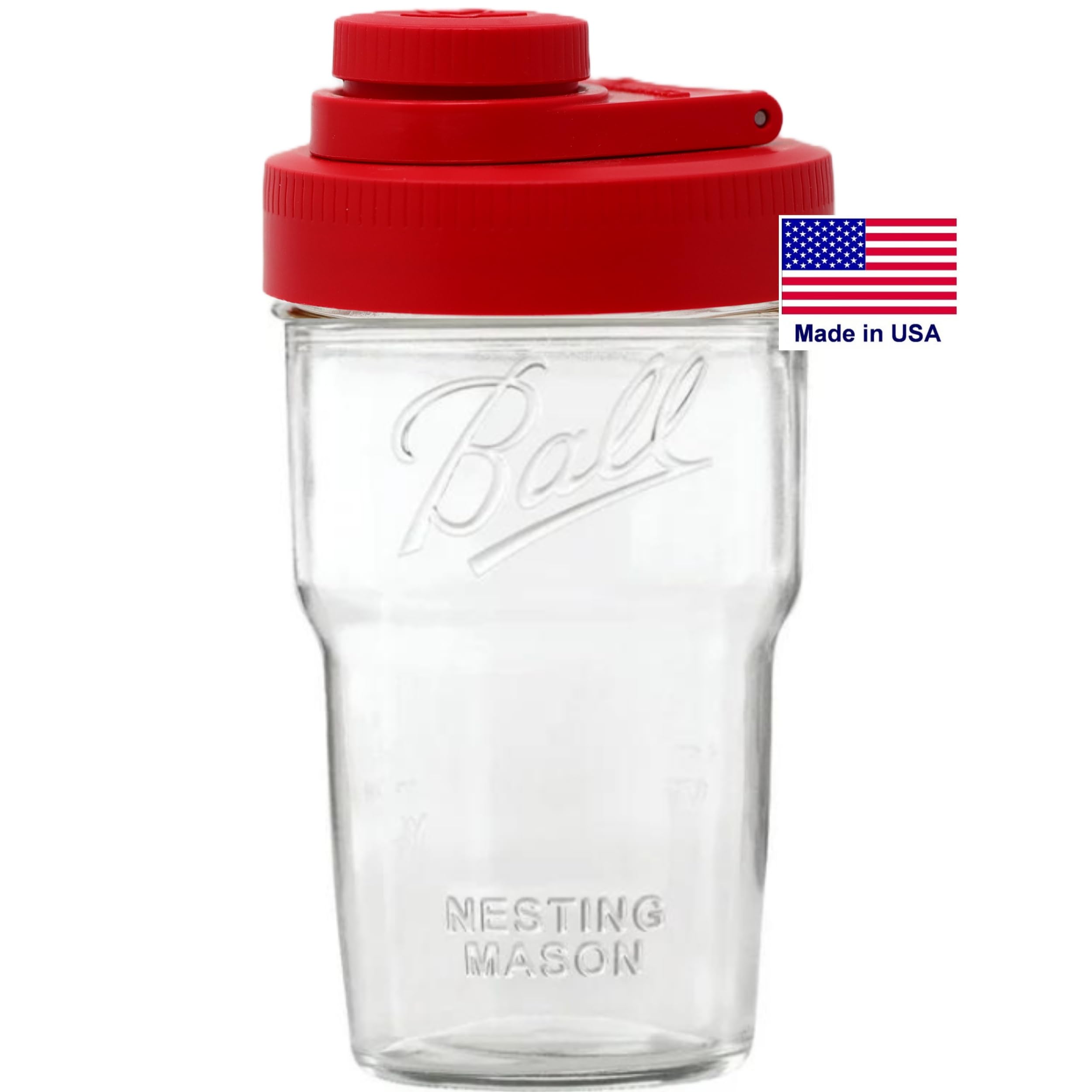 Brewing AmericaNesting Jar with Drinking Lid as Travel Cup, 1 Pint (16 oz) with Red Pouring Lid on Wide Mouth Ball Nesting Mason Jar, USA-Made To Go Drink Cup, 1-Pack