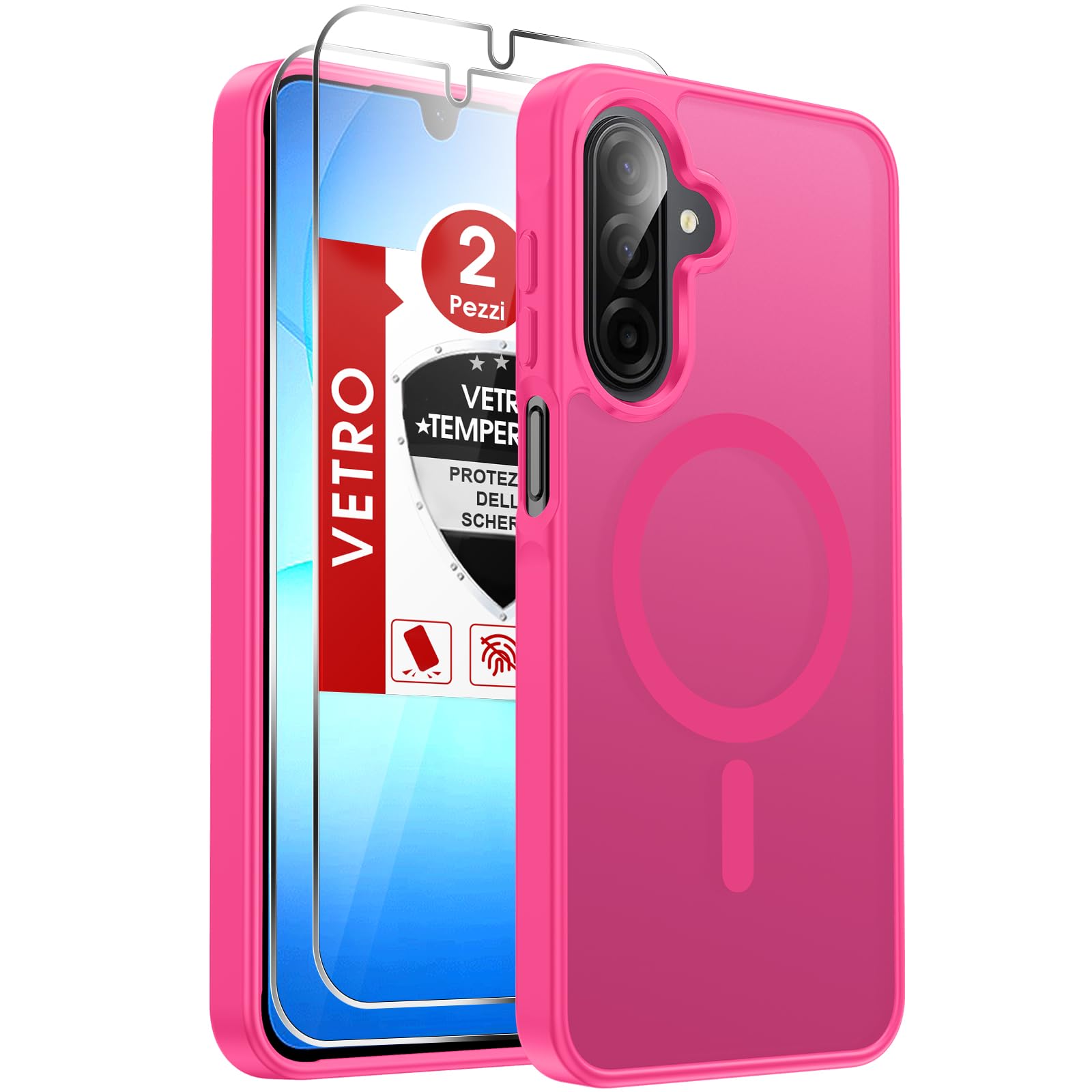 LeYi Cover per Samsung Galaxy A17/A18 5G con Vetro Temperato(Magenta Rosa) | Custodia per A 18/A 17 Protezione Fotocamera Traslucida Opaca Anti-Impronte Antigraffi TPU Antiurto Protettiva Case