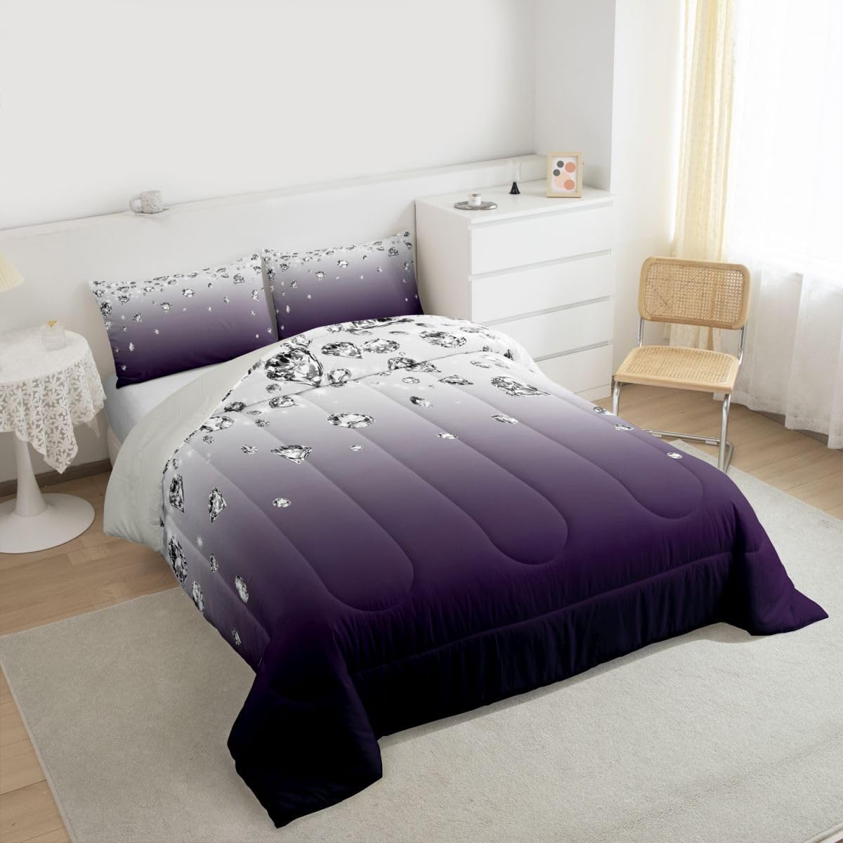 Erosebridal Purple Gradient Color Comforter Set Purple Ombre Bedding Set Twin Size Modern Abstract Duvet Insert for Adult Women Girls Gradient Diamond Quilt Soft Warm Lightweight Luxury Bedding