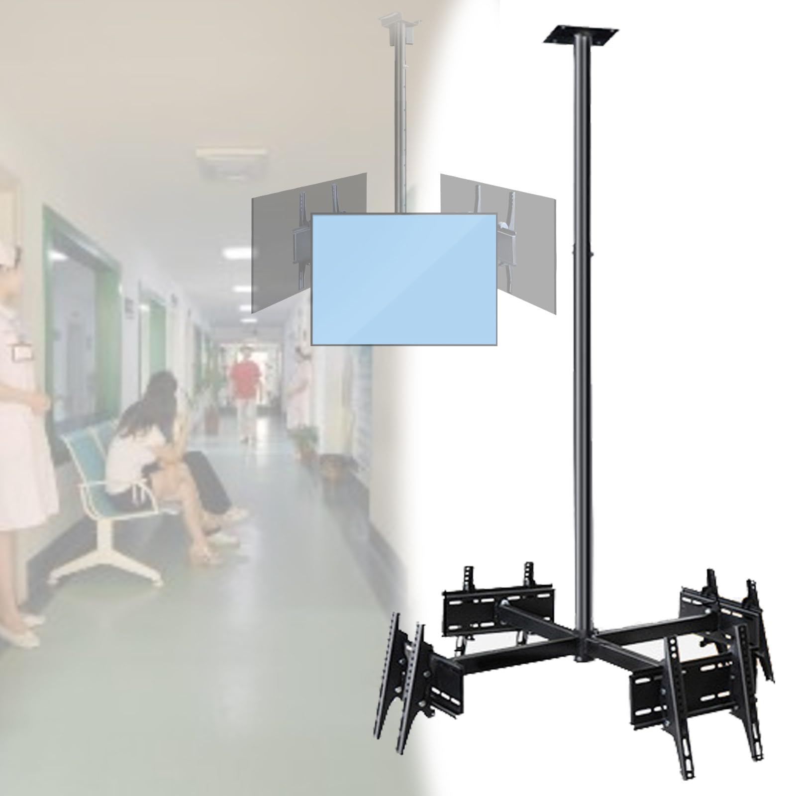 Soporte de techo para TV comercial de 32 a 75 pulgadas, soporte de techo de 3/4 lados con 7 niveles de ajuste de altura y alcance telescópico de 1,2 a 2 m, máxima de 150 kg,4screen