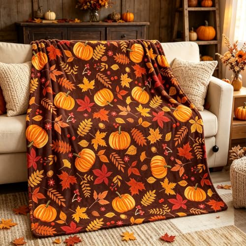 Manta de lanzamiento otoñal de 50x60 pulg con hojas de arce y calabaza, de franela suave rojo marrón, cálida y acogedora para sofá y decoración de otoño