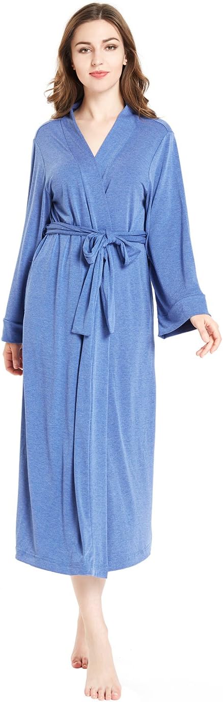 lantisan Modal Cotton Soft Robe for Women, Long Kimono Full Length Dressing Gown, Blue XL