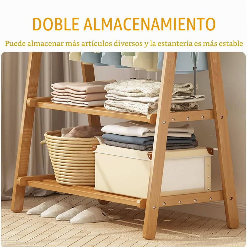 Perchero Burro de Bambú, Perchero de Pie Armario Abierto Madera con Raíles para Ropa, Percheros Burro para Dormitorio, Sala de Estar Oficina, Fácil Ensamblar