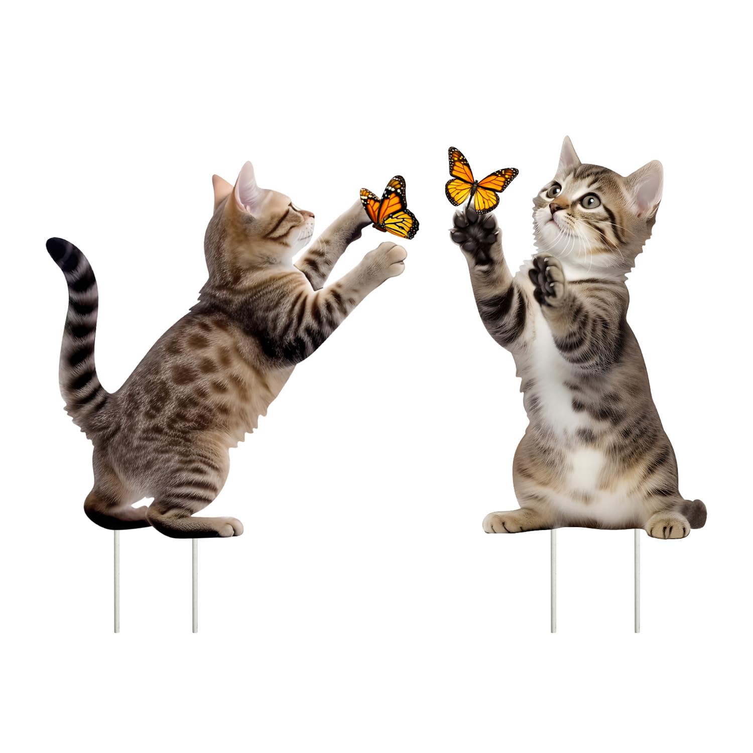 Set mit 2 realistischen Katzenpfähle aus Metall, Gartenstecker, Dekoration, niedliche Katzen, die mit Schmetterlingen spielen, Hofkunst, Outdoor, Garten, Rasen, Weg, Terrasse, Ornamente