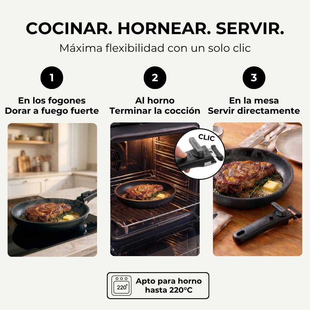 Essential Batería de Cocina 8 Piezas, Juego de Sartenes Antiadherentes sin PFAS con Mango Extraíble y Función de Vertido, Sartenes Inducción, Apilable, Apto Horno, Set de Sartenes