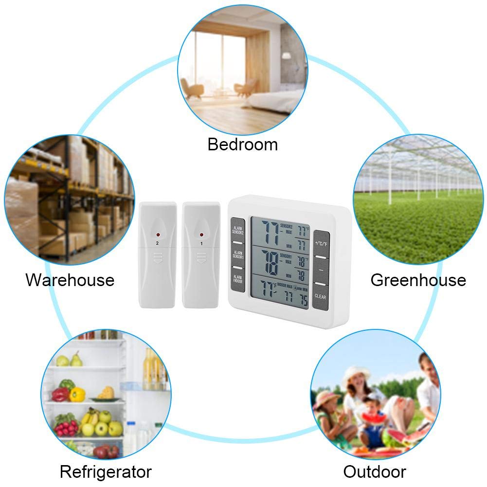 Termómetro digital para frigorífico y congelador, monitor con 2 sensores con alarma audible, para uso en interiores y exteriores, pantalla LCD fácil de leer