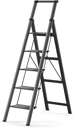 Vista 7 de Escalera de 4 escalones, taburete plegable con pedal antideslizante ancho y resistente, escalera de escalera de aluminio ligero y portátil, Dorado