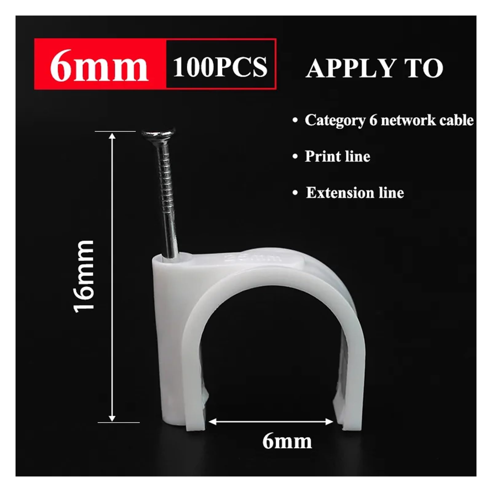 Clips de câble à clouer, 100 pièces rondes 4mm 6mm 8mm 10mm, clips fil en plastique, organisateur(Round 6mm 100PCS)