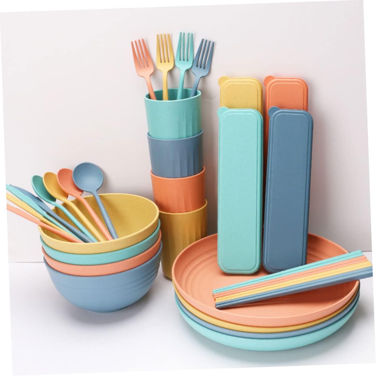 STOBAZA 4sets Straw Cutlery Tableware Set Straw Dinnerware Forks Spoons Knives Cups Bowls Microwave Safe