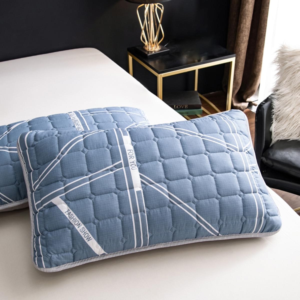 Blue Pillowcases Queen Size, Soft Microfiber Pattern Print Thick Pillow Covers with Envelope Closure 2 Pack Standard Pillow Cases 26x20 Inches