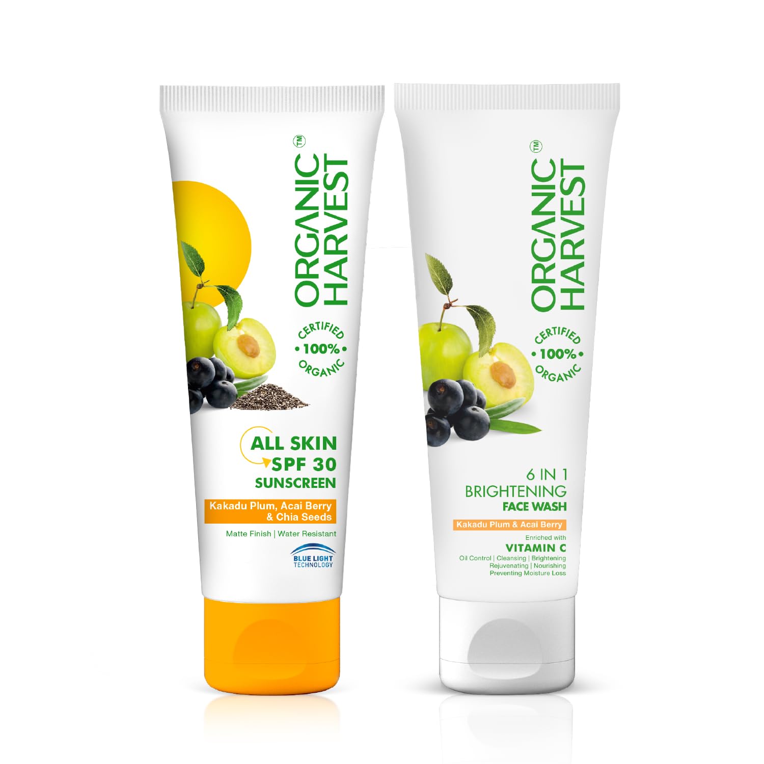 Organic Harvest 6-in-1 Face Wash & Sunscreen SPF 30 All Skin Type Combo, 100% Organic, Paraben & Sulphate Free (Face Wash 100gm + Sunscreen 100gm)