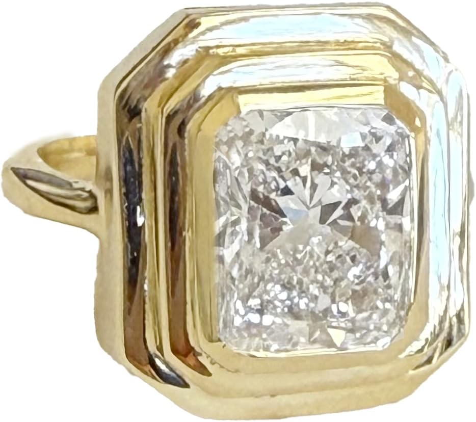 Cushion Cut Moissanite Ring Solitaire Set In 14K Solid And Heavy Yellow Gold Bezel Set Wedding Ring Double Halo Style Bridal Ring 3.50ct