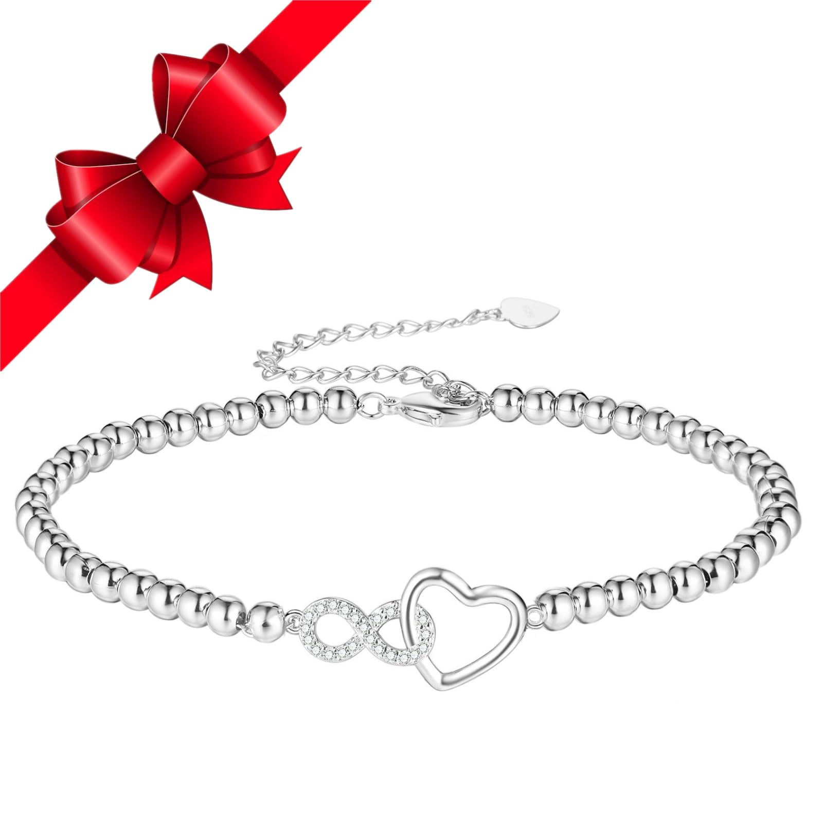 Jbniuay Pulsera para mujer - regalos para mujer pulsera de corazón infinito pulsera de bola para mujer plata 925 - regalos de corazón infinito para mujer/mujer/mamá/hija