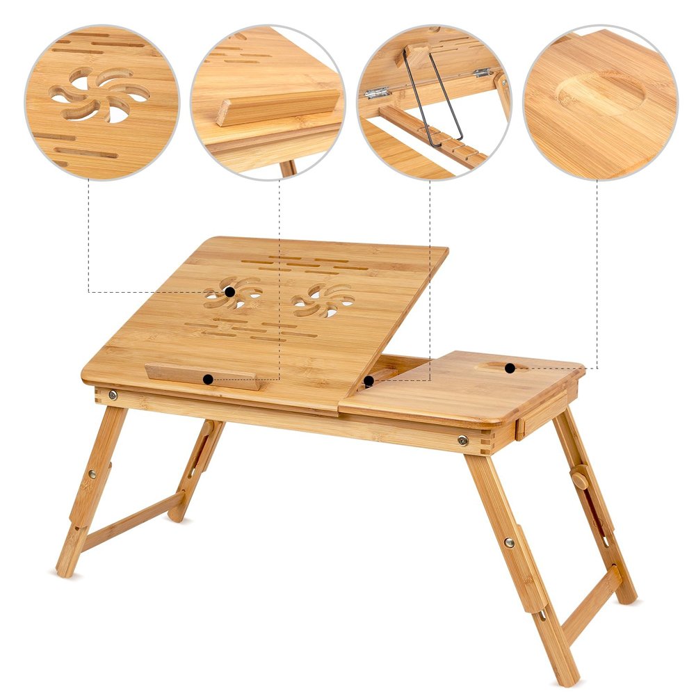 BAKAJI Tavolino Vassoio Colazione da Letto in bamboo, Con gambe pieghevoli ideale per Divano Porta Notebook Pc (60 x 30 x 25 cm)