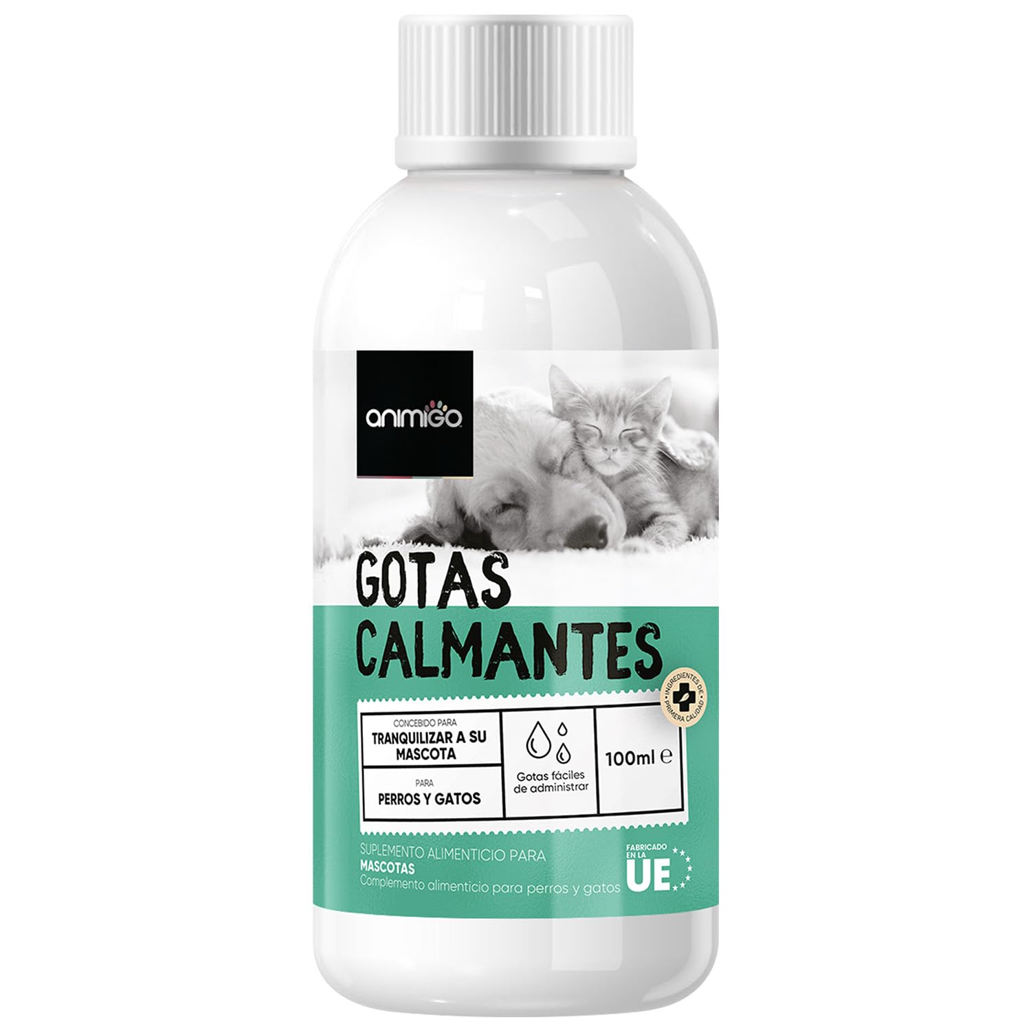 animigo Calmante para Perros y Gatos en Gotas - 100ml | con Vitaminas, Zinc y L-triptófano | Antiestrés y Tranquilizante Natural para Ansiedad en Mascotas por Fuegos Artificiales, Petardos, Nervios
