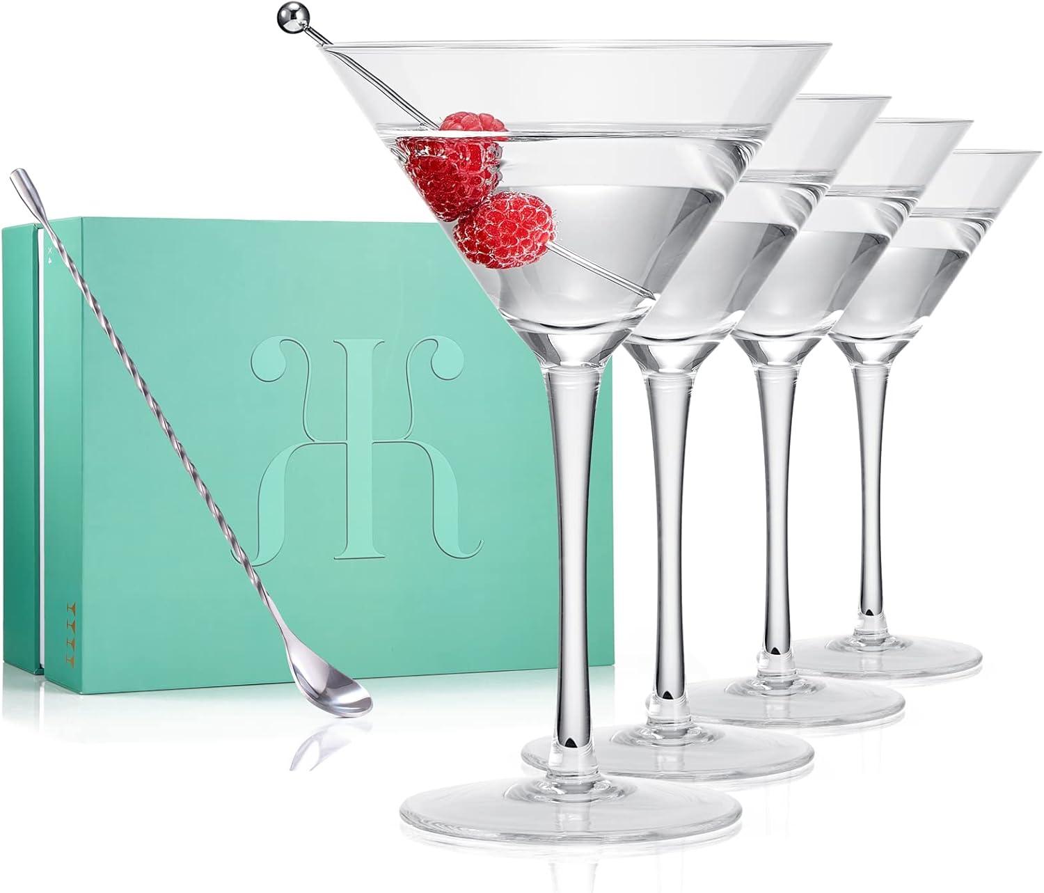 Crystal Martini Glass Set of 4 | 10oz | Classic Luxury Cocktail with Bar Spoon & Olive Picks, Premium Hand-Blown | Classic Cocktail Clear Coupes For Manhattan, Cosmopolitan, Sidecar, Stemmed Goblets