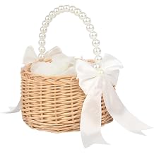 Wicker Flower Girl Basket with 100Pcs Petals, Wedding Petal Basket with Pearl Handle & Bow