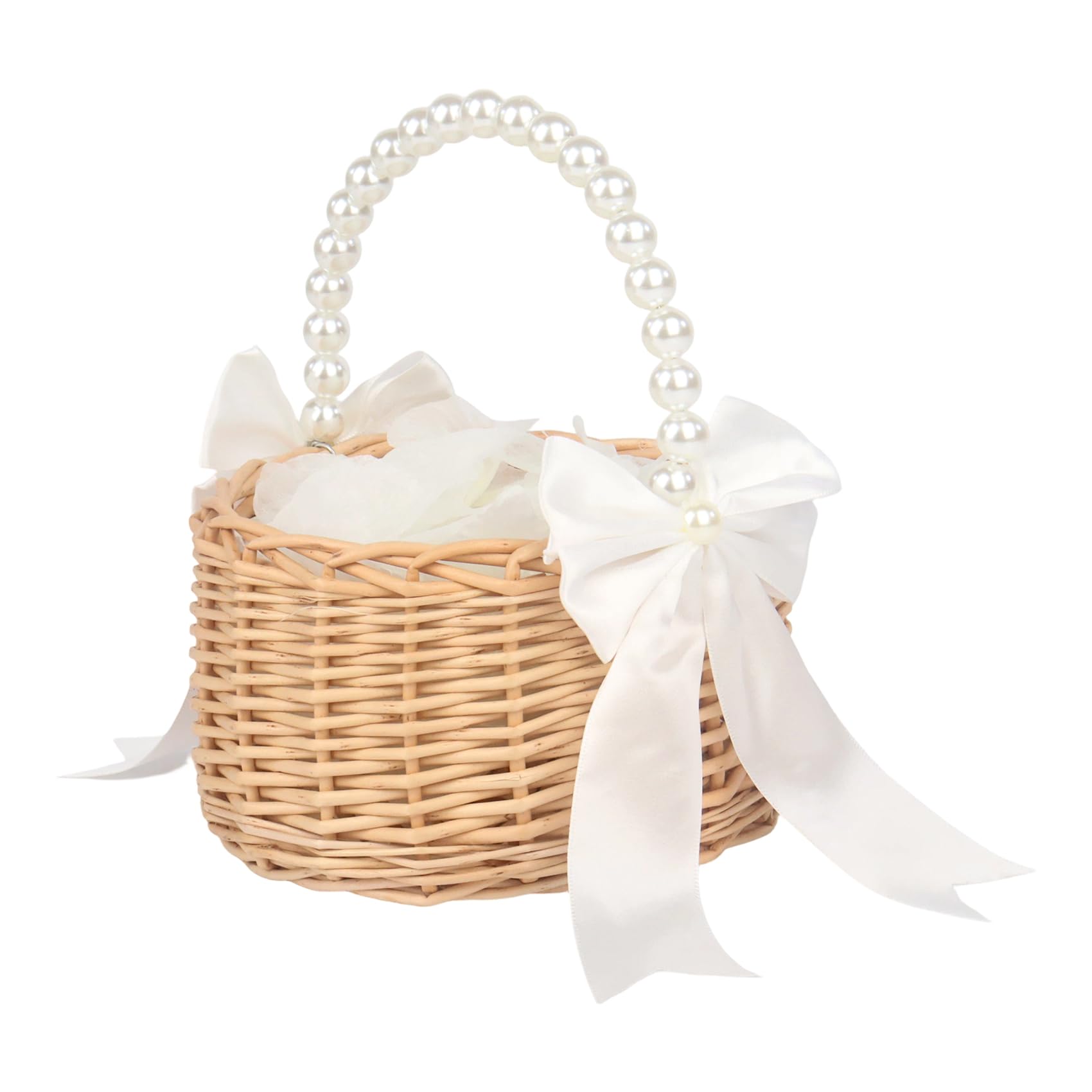 Wicker Flower Girl Basket with 100Pcs Petals, Wedding Petal Basket with Pearl Handle & Bow