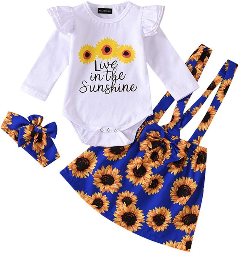 Baby Girl Cute Sunflower Outfits,Ruffle Long Sleeve Romper Onesies+Suspenders Skirt+Headband