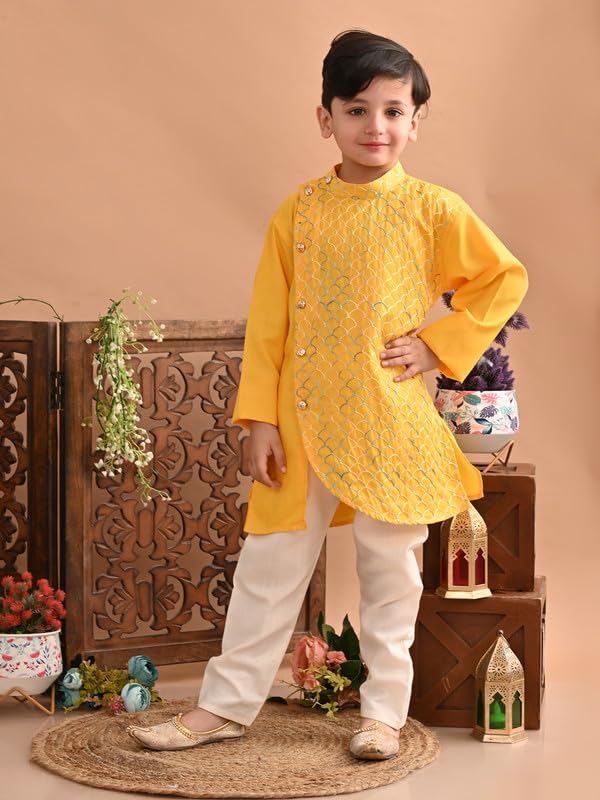 Image of superminis Baby Boys Cotton Side Open Embroidery Kurta and White Pyjama Set