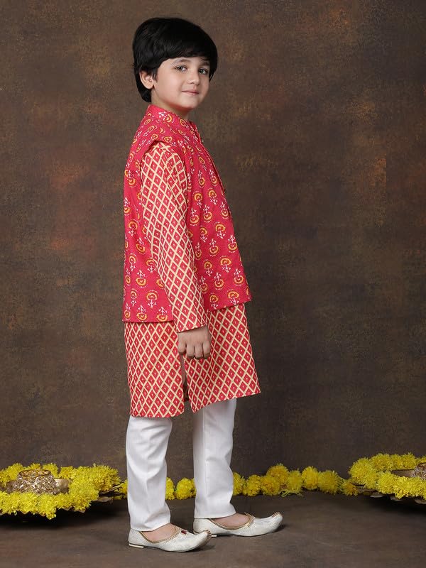 Image of superminis Boys Cotton Printed Full Sleeves Kurta With Ajrakh Printed Jacket and Pyjama Set